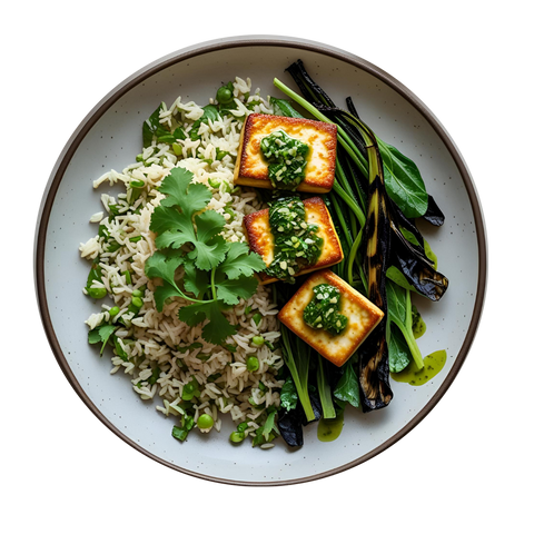 Pan Fried Tofu, Coriander Rice, Charred Greens, Chimichurri Dressing
