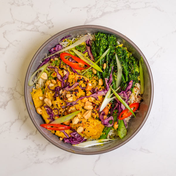 Satay Tofu Rice Bowl, Seasoned Rice, Fried Greens, Pickled Red Cabbage, Chopped Peanuts