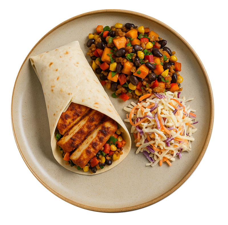 Crispy Harissa Tofu Wrap, Sweet Potato & Black Bean Salad, Bozu Slaw