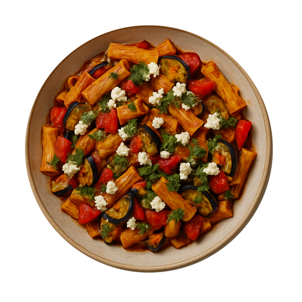 Mediterranean Vegetable Pasta Bake, Feta Cheese, Basil Pesto