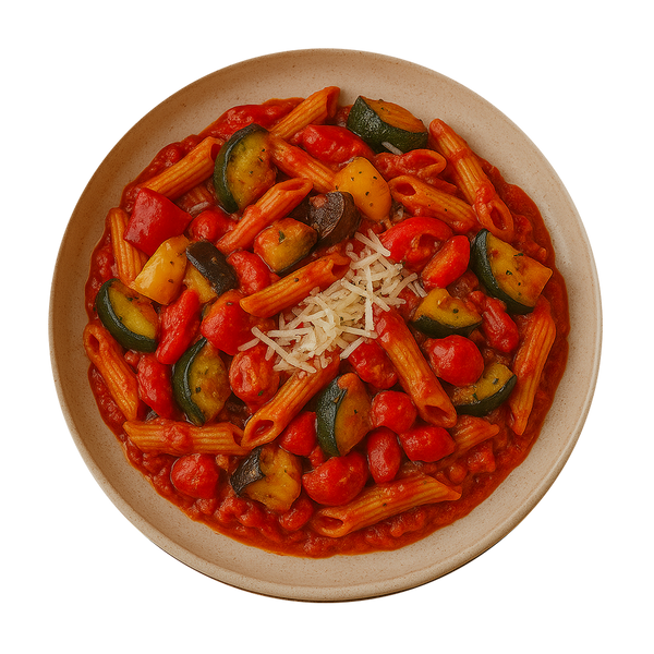 Romesco Penne Pasta, Roasted Mediterranean Vegetables, Parmesan Cheese