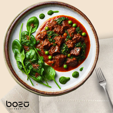 West African Beef Stew, Cauliflower Rice & Peas, Charred Greens (KETO)