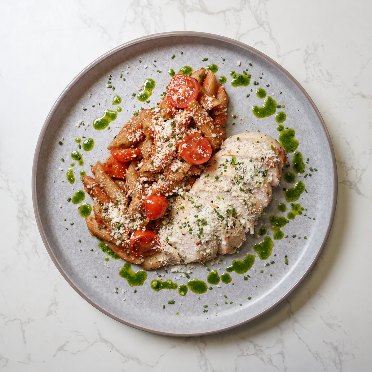 Cajun Spiced Chicken Breast, Creamy Fajita Wholewheat Pasta, Chilli Fried Peppers & Onions, Sour Cream & Chive Sauce