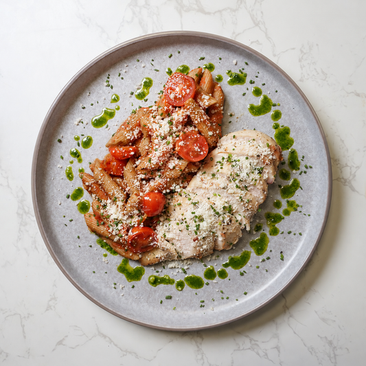 Cajun Spiced Chicken Breast, Creamy Fajita Wholewheat Pasta, Chilli Fried Peppers & Onions, Sour Cream & Chive Sauce