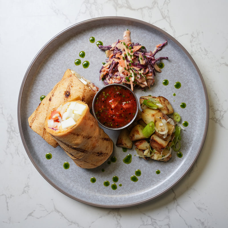Grilled Halloumi Wrap, Parmentier Potatoes, Bozu Slaw, Burger Relish