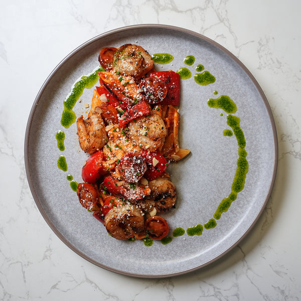 Garlic King Prawn Pasta, Roasted Cherry Tomatoes & Peppers, Romesco Sauce