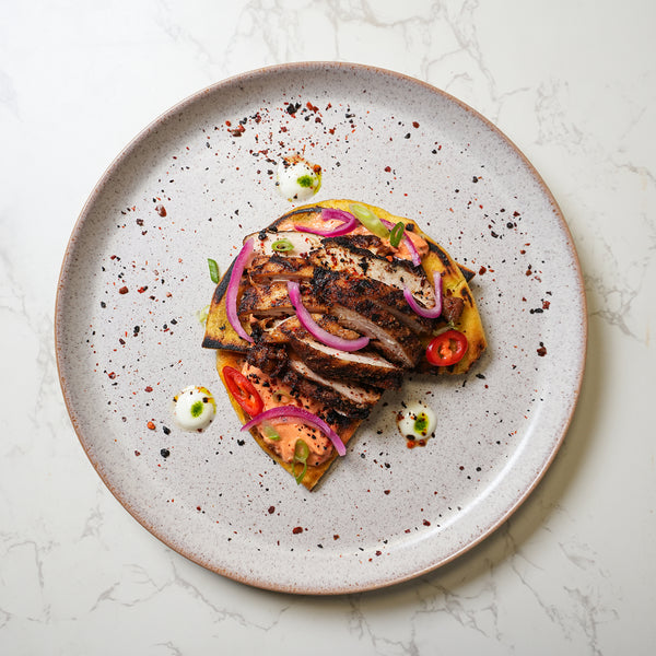 Chicken Shawarma Flatbread, Crunchy Cabbage Slaw, Pickled Red Onion, Chilli Yogurt