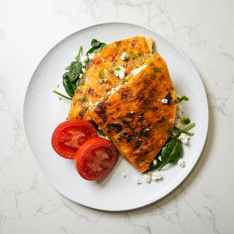 Feta & Spinach Quesadilla, Grilled Tomatoes, Chunky Tomato Salsa
