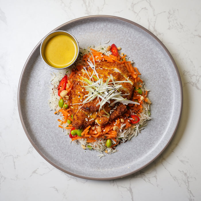 Katsu Chicken, Carrot & Bean Salad, Fried Broccoli, Chopped Nuts (KETO)