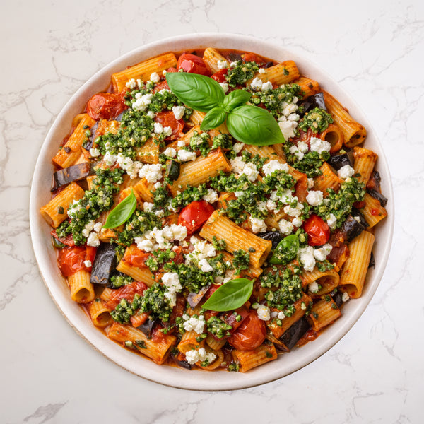 Mediterranean Vegetable Pasta Bake, Feta Cheese, Basil Pesto